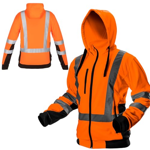 NEO TOOLS Herren Sicherheitsjacke mit reflektierenden Streifen, Warnschutzjacke mit Kapuze, Stehkragen, Innenfutter Fleece, Pulli Berufsjacke Warnjacke Langarm, orange, Gr.M