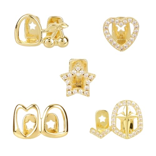 Mikovivi 5 Stück Grills für Ihre Zähne, Hip-Hop Punk Diamant Dental Grillz Kreuz Herz Stern Gold Zähne Grillz Charm Schmuck für Frauen Mann Geschenk
