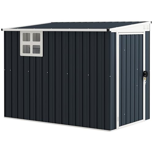 Outsunny Metall Gerätehaus 2,7m² 128x231x181cm Geräteschuppen mit Pultdach Fenster Abschließbarer Tür wetterfest Gartenhaus Outdoor Garten Schuppen für Hinterhof Außenbereich Dunkelgrau