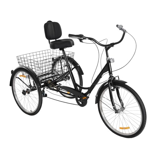 Mqwdxzfes 24 Zoll Dreirad für Erwachsene, 7-Gang 3-Rad Einkaufsdreirad mit Einkaufskorb, Verstellbarer Sitz, Cityräder Freizeit Cruiser-Fahrrad Seniorendreirad für Einkaufen Senioren (Schwarz)