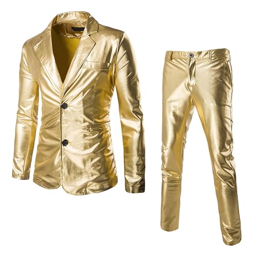 Zanisouta Anzug Herren Metallic Smoking Slim Fit 2 Teilig Disco Kostüm Glitzer Hochzeitanzug Jacke Hose Party Golden Glänzender Set Karneval Zweiteiliger Gold Nachtclub Clubwear
