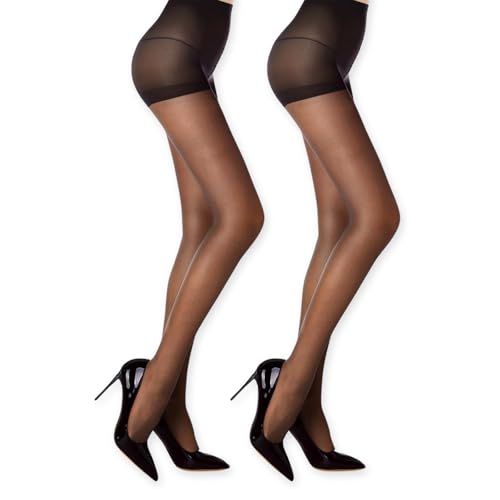 Strumpfhose Damen Schwarz, 2 Paar Weiches Material Leggings, Matt Durchsichtig Feinstrumpfhose, High Waist Butt Lift Pantyhose, Druckfreier Komfortbund Bauchweg Strumpfhosen für Frauen 15 DEN, M / L