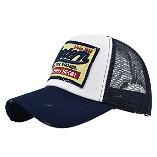 YULOONG Vintage Half Mesh Baseball Cap Stickerei Western Washed Denim Trucker Cap Cotton Sun Hat Adjustable Unisex Blau