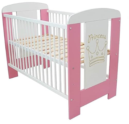 Baby Happy Bliss - Babybett Kinderbett - Buchenholz, DREI ausziehbare Sprossen, DREI Möglichkeiten für die Höheneinstellung des Bettes - 120x60cm - Rosa, Prinzessin