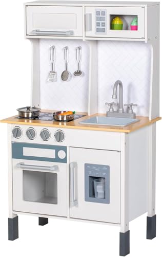 BRINJOY Kinderküche,Kleinkind Küche mit Wasserhahn, Spülbecken, Herd, Ofen, Geschirr, Aufbewahrungsschränke, Kleinkind Rollenspiel Spielzeug Küche Set Geschenk für Mädchen Jungen 3+ (Weiß) (Weiß)