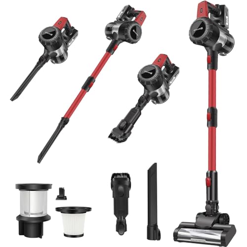 Akku Staubsauger 45000Pa/500W/40 min, Stielstaubsauger Kabellos Selbststehend Tierhaarentferner mit Anti-Tangle-Bürste Leichtgewicht, Wandladestation, Ultraleise für Tierhaare/Teppich/Hartboden/Auto