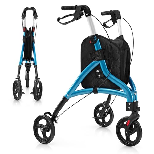 HOMASIS Rollator mit 3 Räder & Bremsen, Reiserollator faltbar & leicht, Gehhilfe 6-fach höhenverstellbar, Aluminium Gehwagen mit Tasche, klappbare Laufhilfe bis zu 136 kg (Blau)