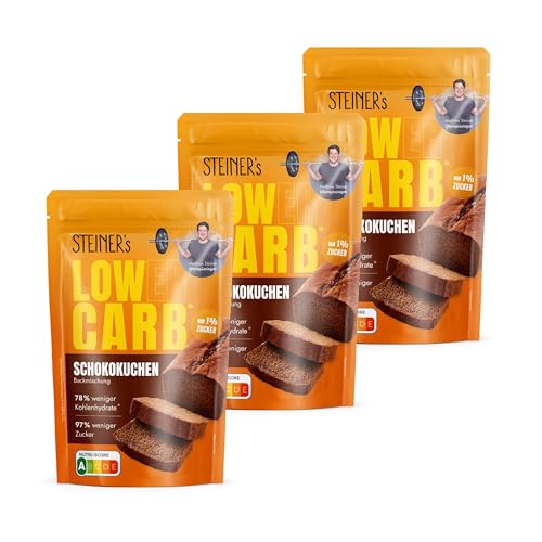 STEINER´s Low Carb Schokokuchen | 78% weniger Kohlenhydrate | Glutenfreie Backmischung | 97% weniger Zucker | kalorienreduziert | 11g Eiweiß | Auch für Brownies & Muffins | 3x 220g Packung