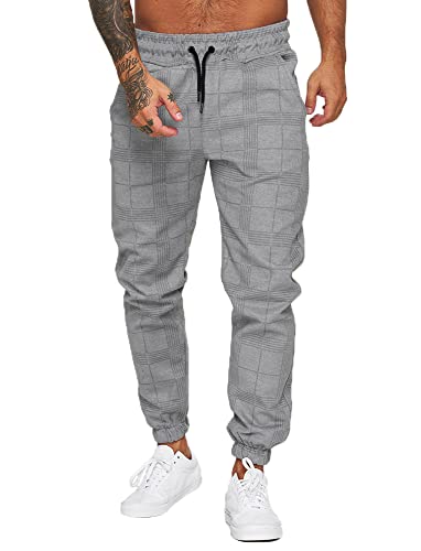 Jogginghose Herren Trainingshose Loose Fit Sporthose Lang Sweatpants Kariert Freizeithose für Männer(Hellgrau,L)