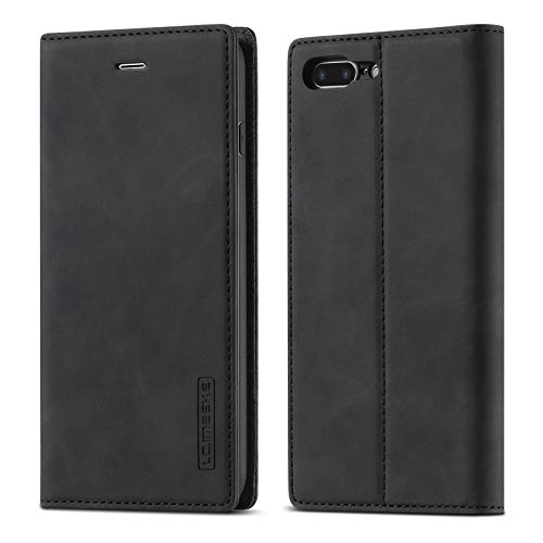 QLTYPRI Hülle für iPhone 7 Plus 8 Plus, Vintage Matte Handyhülle mit Kartenfach Geld Slot Ständer PU Ledertasche TPU Bumper Flip Schutzhülle Kompatibel mit iPhone 7 Plus 8 Plus - Schwarz