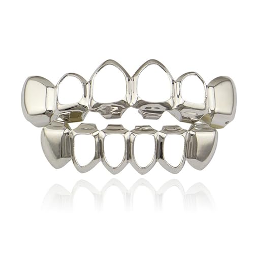 LONGHAO 2 pcs Hip Hop Teeth Grills Hip-Hop-ZähneGolden Hip Hop Grills Zahnspange Decoration Grillz Zähne Set,mit 2 Silikonformleisten,für Musikfestivalpartys,Hip-Hop-Rapper (Silver)