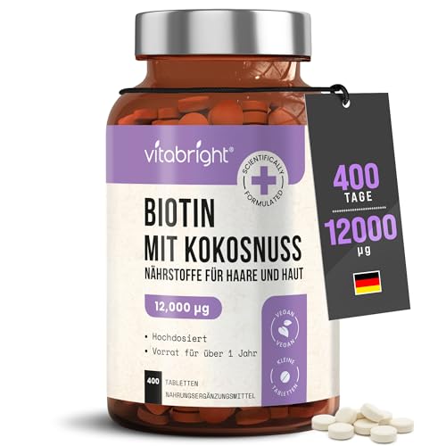 Biotin Hochdosiert Vitamin B7 Haar Vitamine 12.000 mcg | 400 Tabletten | Biotin Haare Komplex Mit Kokosnuss | Haarvitamine für Frauen Haarausfall - für Gesundes Haarwachstum | VitaBright Hair Vitamins