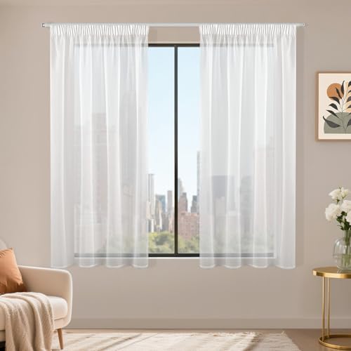 Runyéla Stores Gardinen mit Kräuselband 2er Set, Voile Schiebegardinen 145 x 140 (HxB), Transparent Gardine, Vorhang Weiß, Vorhänge für Wohnzimmer Schlafzimmer Sheer Curtain