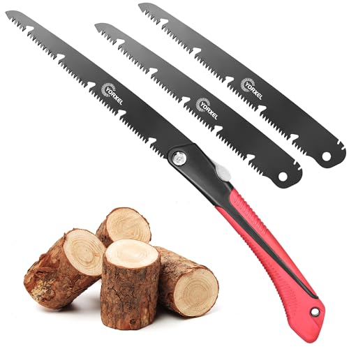 Klappsäge Astsäge 23cm - SK9 Hochkohlenstoffstahl, 2 Schneidpositionen & Sicherheitsverschluss, Handsäge holz für Garten, Holz und Outdoor Camping (TEFLON-beschichtet, inkl. 2 Ersatzklingen)