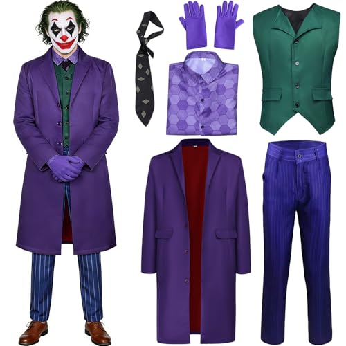 Taechalingo Joker Kostüm Herren,6PCS Horror Clown Kostüm Herren,Clown Cosplay Outfit,Karneval Männer Bösewicht Kostüme,Halloween Killer Joker Outfit Set für Erwachsene Halloween Anzug