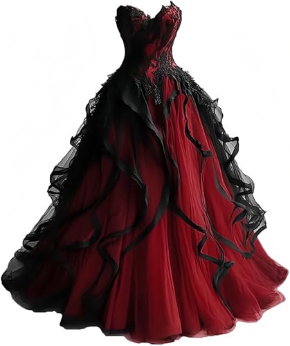 CLcaojun Gothic-Brautkleider für Braut, geschichtet, Tüll, schwarz, Brautkleider, Spitzenapplikation, Sweetheart, Hochzeitskleid, wein, 36