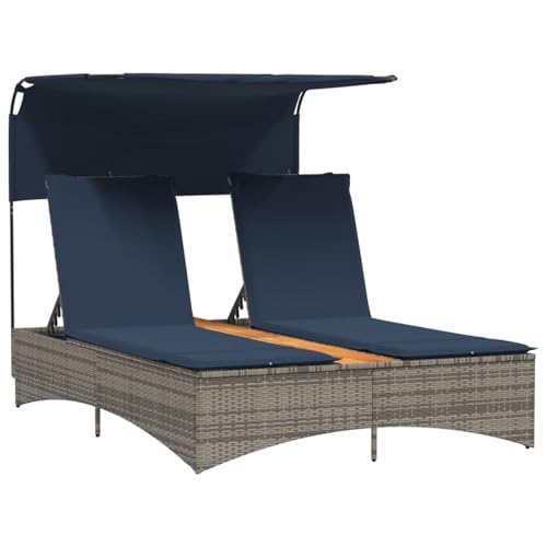 Vopese Doppel-Sonnenliege mit Dach und Kissen Grau Poly Rattan Loungesessel Gartenm?Bel Model365624