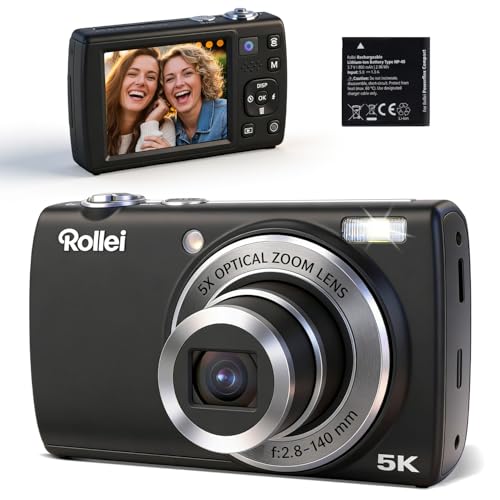 Rollei Powerflex Compact Digitalkamera 64MP 5K Fotoapparat mit Dual Lens 5X Optischer Zoom AutoFocus Fotokamera mit 2,8“ Touch-Display Tragbar Kompaktkamera Schwarz, Digital-Kamera-Fotoapparat-Camera