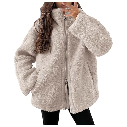 Fulidngzg Teddyjacke Damen Winter Teddyfleece Jacke Doppelschieber Reißverschluss Winterjacke Thermal Teddy Wintermantel Einfarbig Revers Fleecejacke Flauschig Plüschjacke Outdoor Fleecemantel
