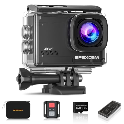 Apexcam M80Air mit 64G Karte Action Cam 4K60FPS 64MP WiFi Sportskamera Unterwasserkamera 40m Wasserdicht EIS Stabilisierung 8X Zoom 2.4G Fernbedienung 2x1350mAh Akkus mit Zubehör-Set