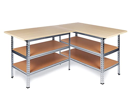 Ondis24 Werkstatt-Set Ecklösung Sparfuchs-Uwe 180 x 120 x 92 cm (H), 2X Werkbank aus Metall, melaminbeschichtete Arbeitsplatte, Problemlöser für Ecke