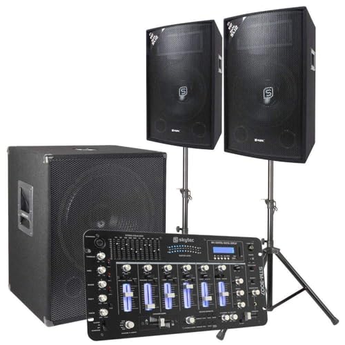 Vonyx 2.1 DJ Lautsprecher Set, Mobile PA Anlage Komplettset, 1600 Watt DJ Boxen, Beschallungsanlage Komplett Set, 2X Top-Speaker, 1x Subwoofer, Bluetooth Mischpult, Kabel, Boxenständer, Tasche
