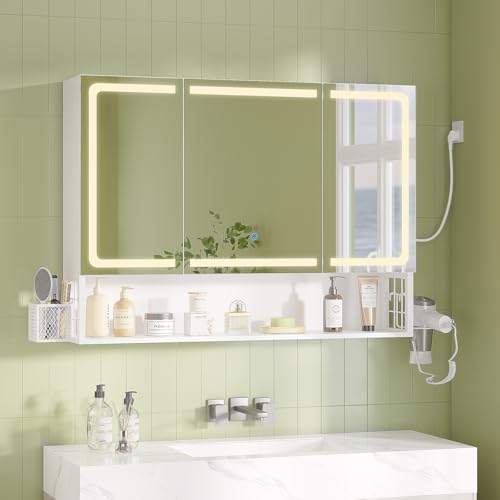 FORABAMB Spiegelschrank Bad mit LED-Beleuchtung & Steckdose, Badezimmerschrank mit Verstellbarem Regal, 3 Farbtemperatur dimmbare, Badschrank mit 3 Türen fürs Badezimmer, Modern, 90×16×70 cm, Weiß