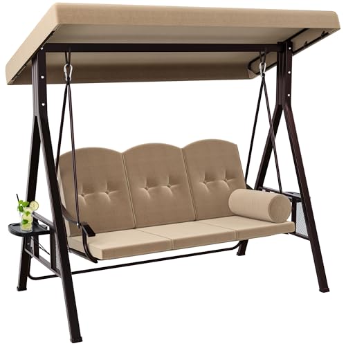 YITAHOME 3-Sitzer Hollywoodschaukel, Gartenschaukel mit Liegefunktion mit Verstellbarem Baldachin und Abnehmbarem Kissen, Gartenschaukel für Erwachsene im Garten, Pool, Balkon, Khaki