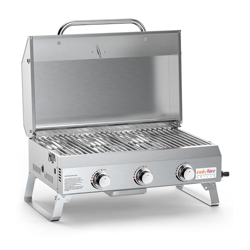 Onlyfire 3 Brenner Tragbarer Gasgrill | Tischgasgrill mit Grillrost | 7Kw | Grillfläche 56,5 × 34 cm | mit Thermometer, Deckel | Klappbaren Beinen | BBQ Campinggrill für Terrasse, Balkon und Garten