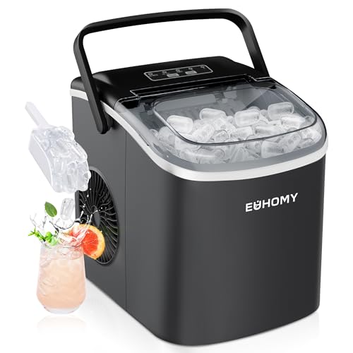 EUHOMY Eiswürfelmaschine Klein, 12KG Eiswürfelbereiter Ice Maker, 9 Würfel in 6 Minuten fertig, Schwarz Eiswürfelmaschine mit Tragbarem Griff, 12KG/24H, Selbstreinigendes Eiswürfelmaschinen