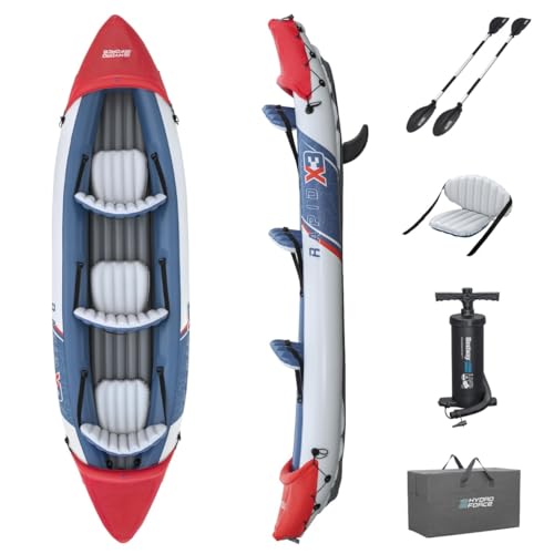 Bestway Hydro Force Kajak-Set Rapid X3 381 x 100 x 44 cm, 3 Erwachsene, 280 kg, Inflata-Shield Pro-Material, 3 Luftkammern, 2 abnehmb Finnen, GS-zertifiziert, Paddel, Doppelhubkolbenpumpe, Tragetasche