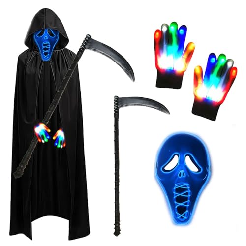 PASLFC Sensenmann Kostüm Erwachsene,Leuchtende Maske Set mit Sensemann Umhang und Sense und Glow Handschuhe,Halloween Kostüm Erwachsene,Kostüm Halloween Herren für Party Karneval Cosplay