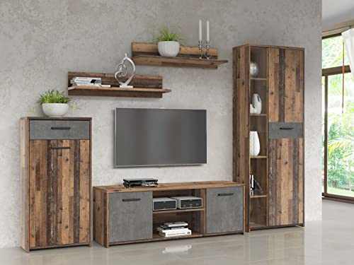 FORTE Pablo Wohnwand 270 280, Moderne Wohnwand mit 1 Schublade, Schrankwand, Holzwerkstoff, Old-Wood Vintage Holzdekor/Betonoptik Dunkelgrau, 277,4 cm breit x 182,9 cm hoch x 39,5 cm tief