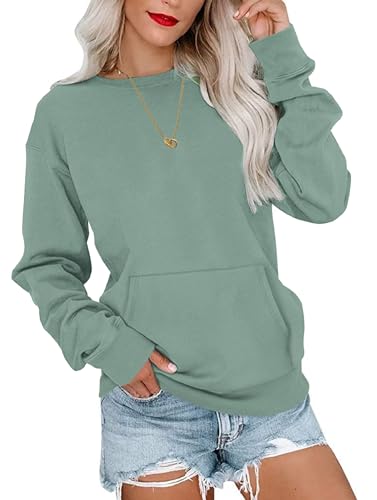 WNEEDU Sweatshirt Damen Rundhalsausschnitt Langarmshirts Herbstoutfits Lässig Bluse Damen mit Känguru Tasche Grün M