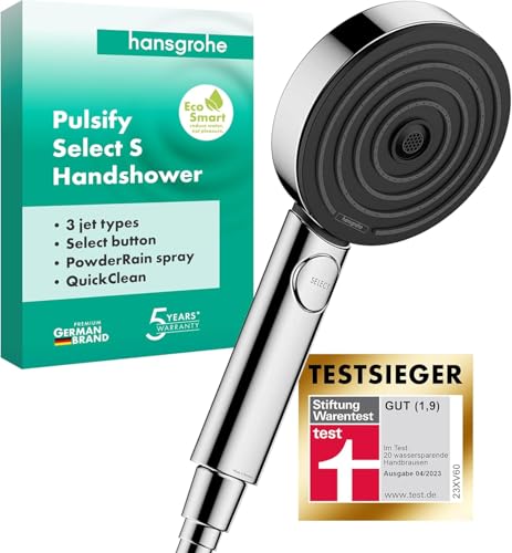 hansgrohe Pulsify Select S - wassersparender Duschkopf 6,9 l/min (EcoSmart), Handbrause mit 3 Strahlarten, 105 mm Duschbrause, Sparduschkopf mit Antikalk-Funktion, Chrom, 24111000