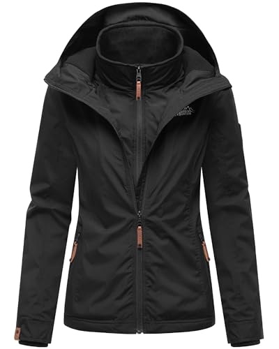 MARIKOO leicht gefütterte Damen Übergangsjacke Kurze Sommerjacke mit kuscheligem Fleece-Innenfutter und großer Kapuze Erdbeere Black2 Gr. L