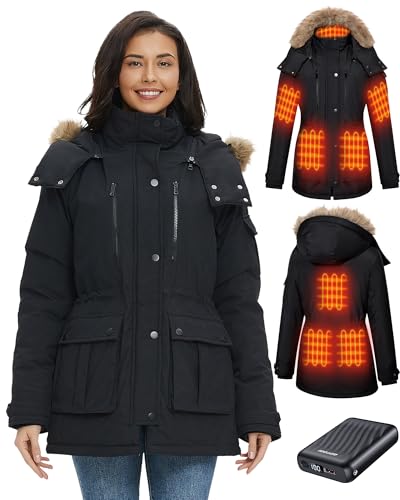 GOTOBI Beheizbare Jacke Damen mit Powerbank 12V 18400mAh, 8 Heizzonen, Beheizte Jacke mit 3 Temperaturstufen, Langer Winter-Daunenmantel,Heizjacke für Radfahren, Camping & Outdoor-Arbeit,Schwarz,M