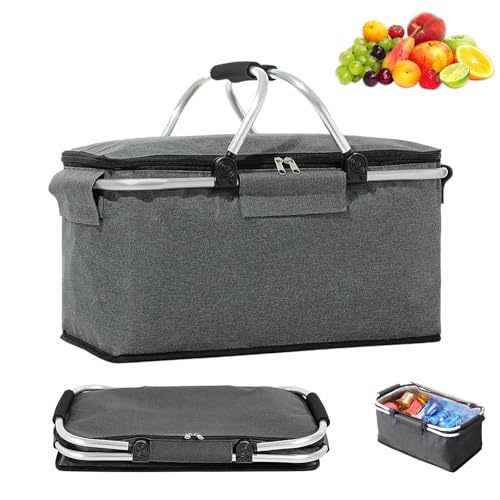 Einkaufskorb Faltbar 18L, große Isolierkorb Picknickkorb, Thermo Einkaufskorb, mit Deckel, Reißverschluss und Tragegriffen, für Camping, Strand, Picknick, Grau