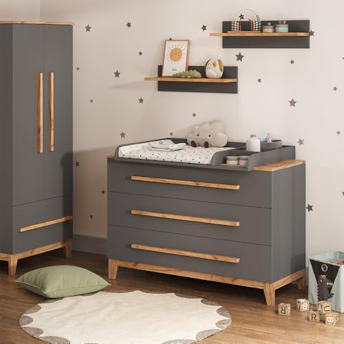 VitaliSpa Wickelkommode Malia, Grau/Artisan, 133.2 x 98 cm mit 3 Schubladen