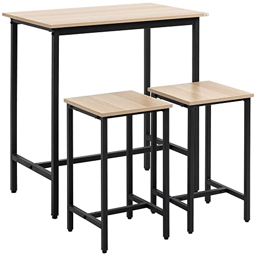 HOMCOM 3-teilig Esszimmergruppe Bartisch mit 2 Stühlen Essgruppe Esstisch Set Bartisch Set für Küche Esszimmer Bistro Industrie-Design Spanplatte Stahlrahmen Naturholz+Schwarz 80 x 50 x 85 cm