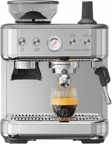 Espressomaschine mit Mahlwerk – 15 Bar, 1350W, PID-Temperaturkontrolle & Instant-Heizsystem, Edelstahl & verchromt, 2,3L Wassertank, Milchschaumdüse, für aromatischen Kaffee wie vom Barista