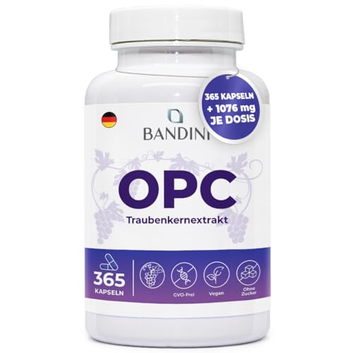 Bandini® OPC Traubenkernextrakt 365 Kapseln | Hochdosiert mit 1076mg je dosis | Höchster Gehalt nach HPLC | Aus italienischen Weintrauben | 1052mg Extrakt mit 999,4mg OPC + 24mg Vitamin C | 6 Monate