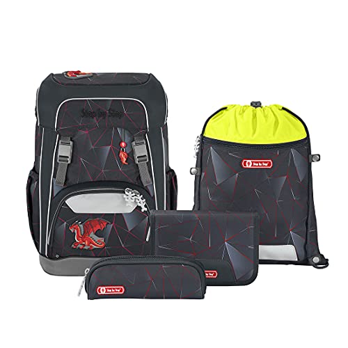 Step by Step Giant Schulranzen-Set Dragon Drako, 5-teilig, schwarz-rot, ergonomischer Tornister mit Reflektoren, höhenverstellbar mit Hüft- und Brustgurt, für die 1. bis 4. Klasse, 23L