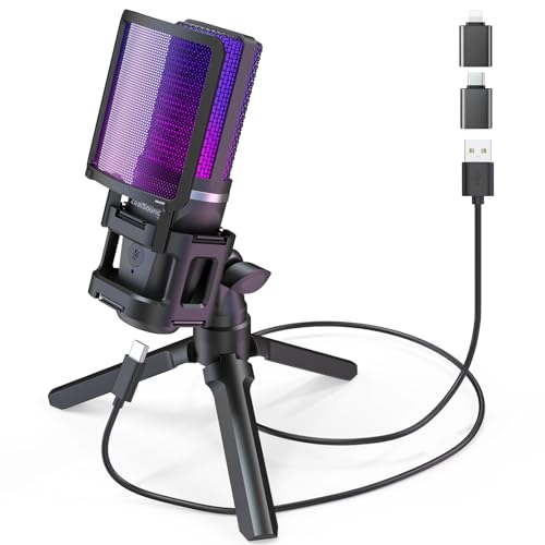 zealsound USB Gaming Mikrofon für PC & Handy – RGB, Stummschalter, Gain Control, Popfilter & Shockmount, Faltbarer Ständer, inkl. 2 Adapter – für Podcast, Streaming, Discord, YouTube & TikTok
