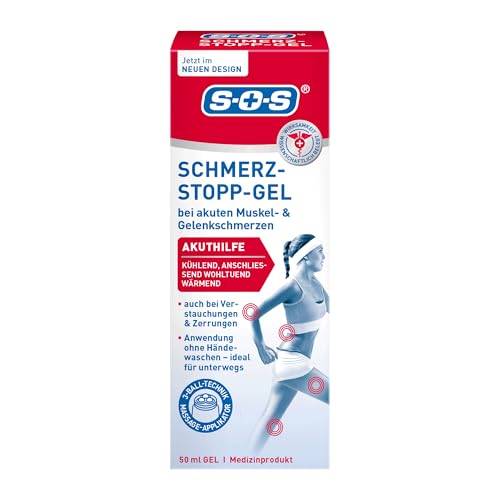 SOS Schmerz-Stopp-Gel, Schmerzgel zur schnellen Linderung von Muskelschmerzen, Gelenkschmerzen und posttraumatischen Schmerzen, mit Massage-Applikator und Kalt-Warm-Wirkung, 1 x 50 ml Gel
