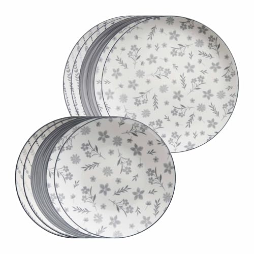 Ritzenhoff & Breker Sendai Mix Tafelservice 12-teilig – Mix & Match Boho-Geschirr in Grau – 6 Speiseteller 27 cm, 6 Suppenteller 20 cm – Porzellan, Spülmaschinengeeignet