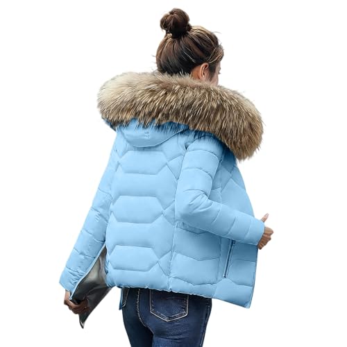 Duohropke Winterjacke Damen Warme Steppjacke mit Kapuze Elegant Kurz Wintermantel Winddichte Lässige Kapuzenjacke mit Fellkapuze Puffer Jacke Steppmantel Dicke Daunenjacke Mantel Outdoorjacke