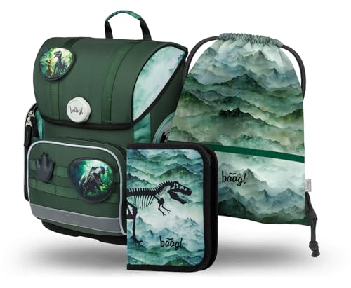 Baagl Schulranzen Jungen Mädchen Set 3 Teilig, Ergo Schultasche für 1. Klasse, Ergonomische Grundschule Ranzen Tornister mit Brustgurt (Dino)