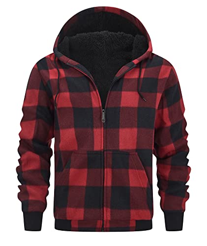 geeksport Fleecejacke Herren Sweatjacke Männer mit Kapuze Warme Kapuzenjacke Gefüttert Winterjacke Kariertes Hoodie mit ReißVerschluss, 0569-Rot L