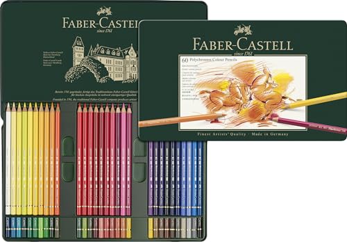 Faber-Castell 110060 Polychromos Malstifte, 60er-Buntstifte-Set in einem eleganten Metalletui, Leuchtende Farben mit dicken 3,8-mm-Minen und säurefreien Pigmenten für verschiedene Oberflächen